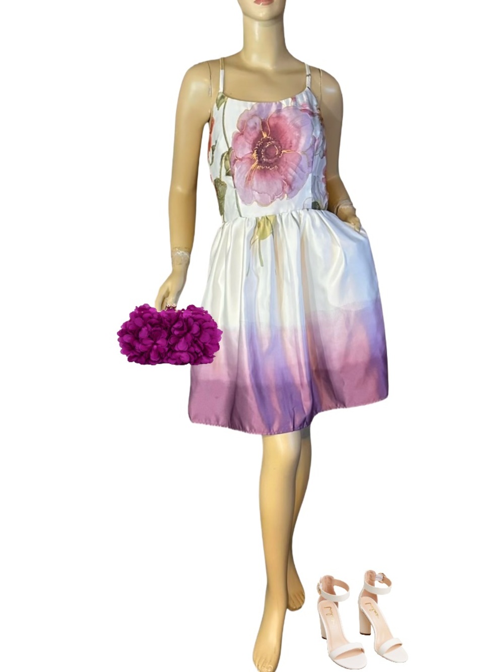 HAND-CRAFTED SLOW FASHION FIT & FLARE PURPLE SATIN FLORAL DRESS APPX L